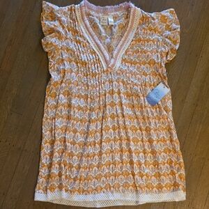 Goa Beachwear By Japna: Orange and Cream Beach Cover Up w/ Ruffled Sleeves. NEW